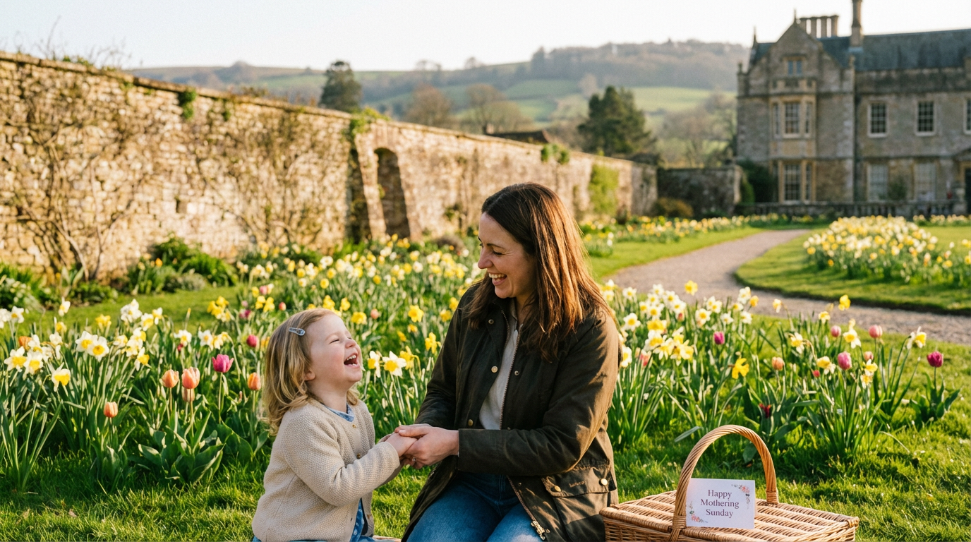 Mother and child in a beautiful British garden on Mother's Day, family time together